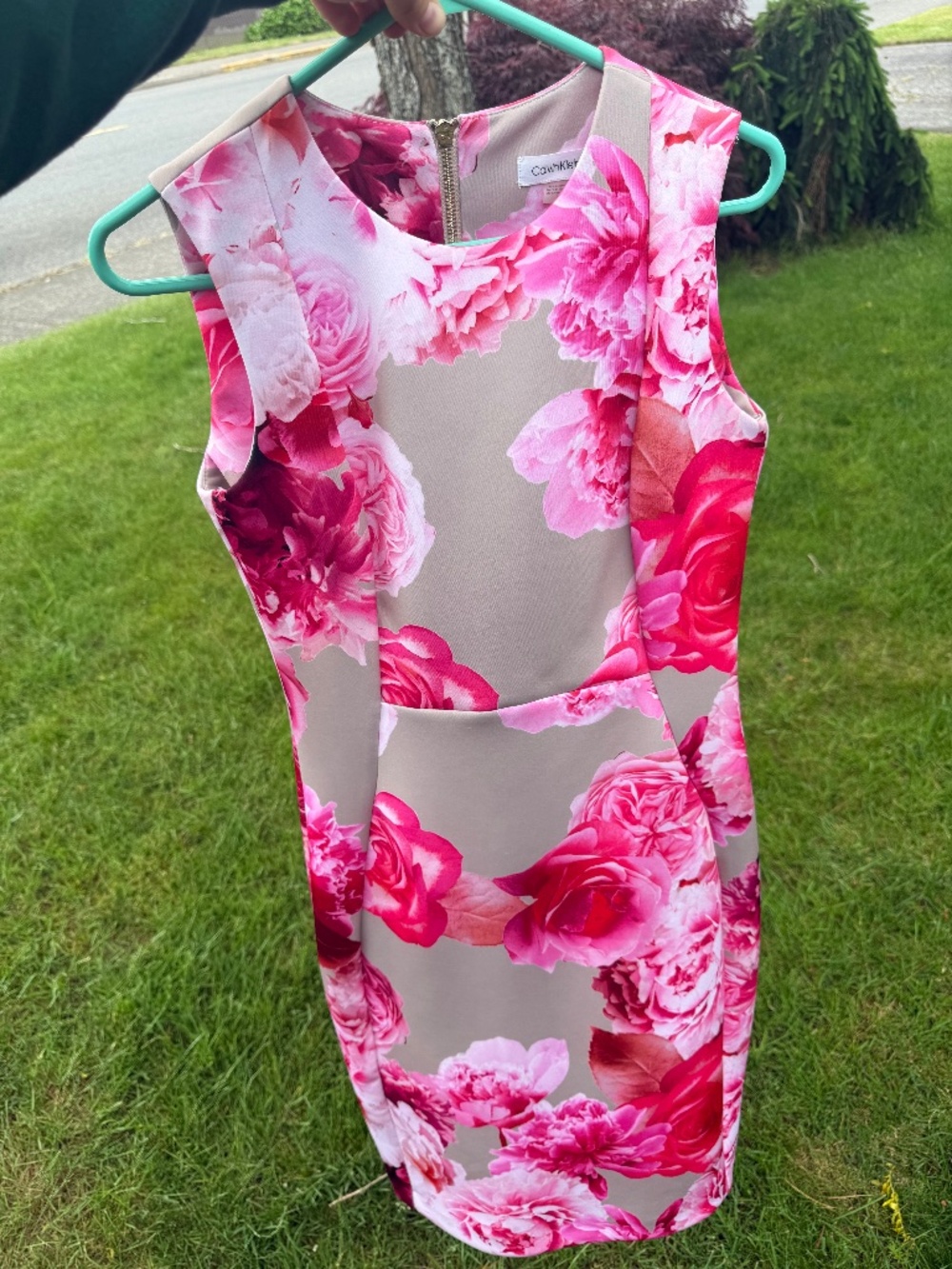 Size 6 Calvin Klein floral sheath sleeveless midi dress pink & red peonies